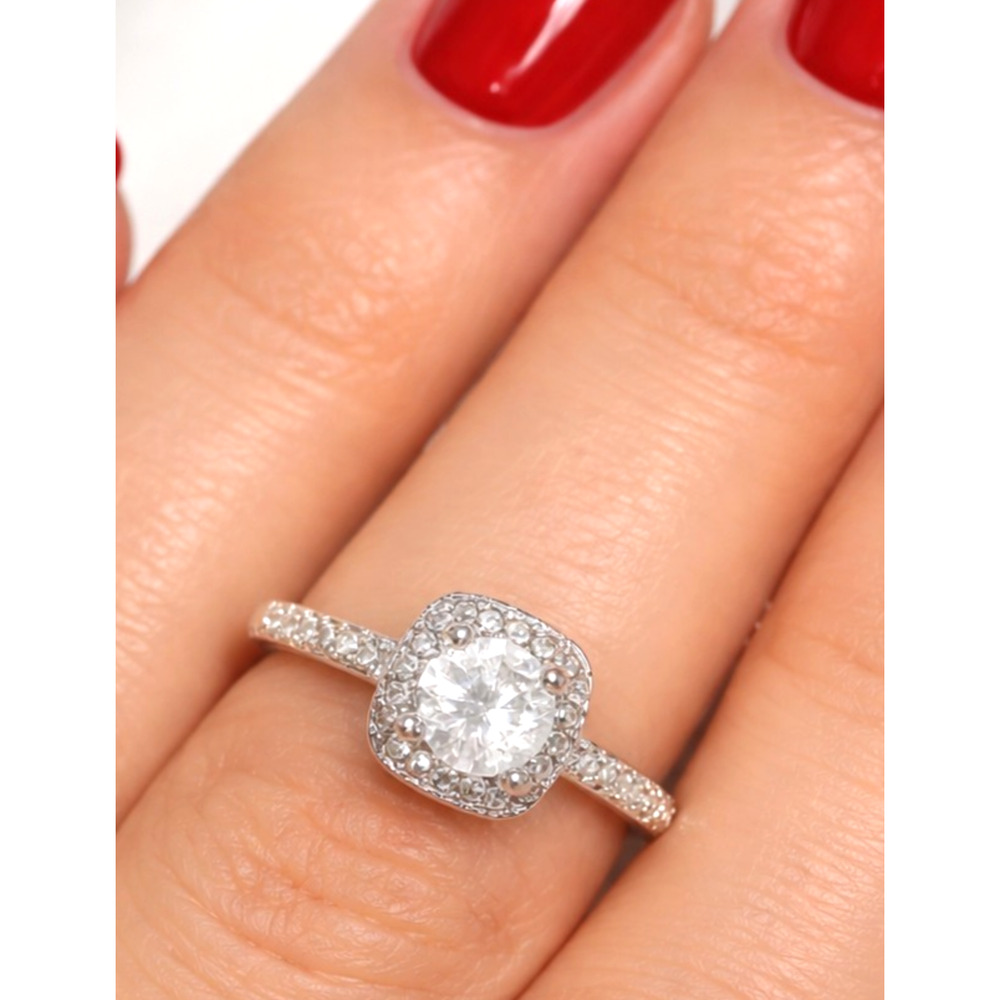 Vintage White Sterling Silver Ring Round‎ Glass Rhinestone Halo S925 Size 7.25
